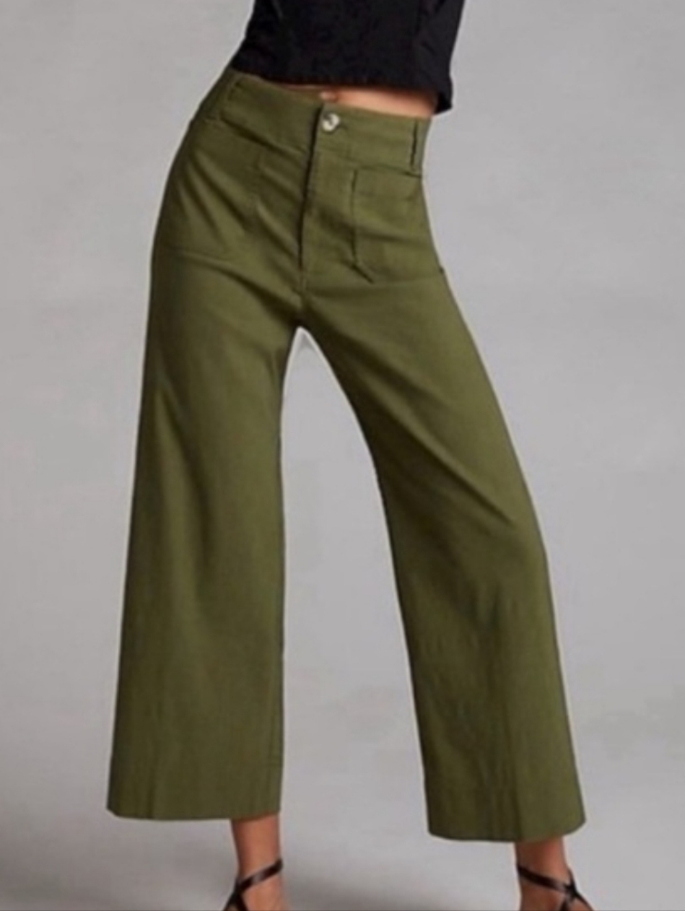 Maeve Colette Cropped Wide Leg Pants Olive Green Size 32 Anthropologie